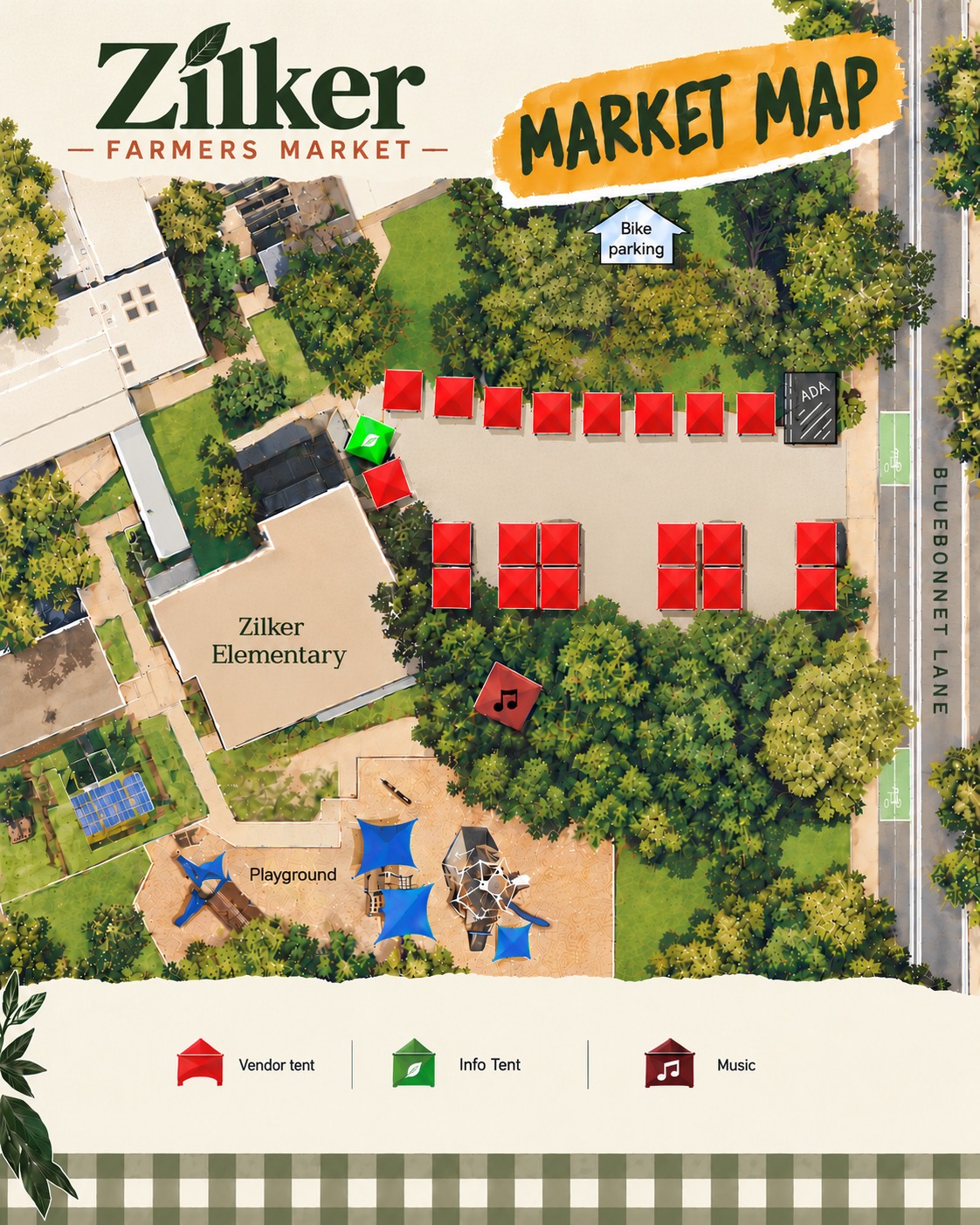 Zilker Farmers Market map showing vendor booth locations
