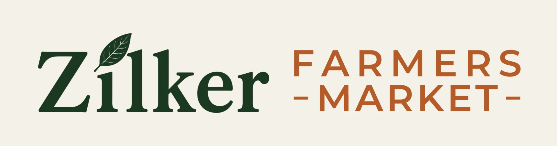 Zilker Farmers Market logo with green Zilker text featuring a leaf in place of the dot over the i and orange Farmers Market text.